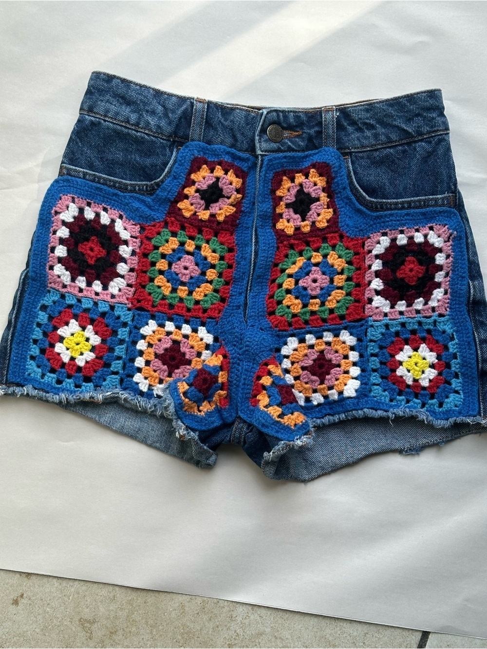 FARM Rio Blue Denim Shorts with Multicolor Crochet Panels
